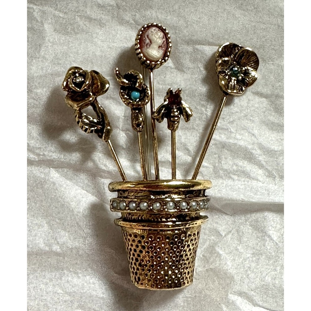 Vintage Brooch Thimble W/ Stickpins  Pansy, Bee, Snake, Cameo, Rose
